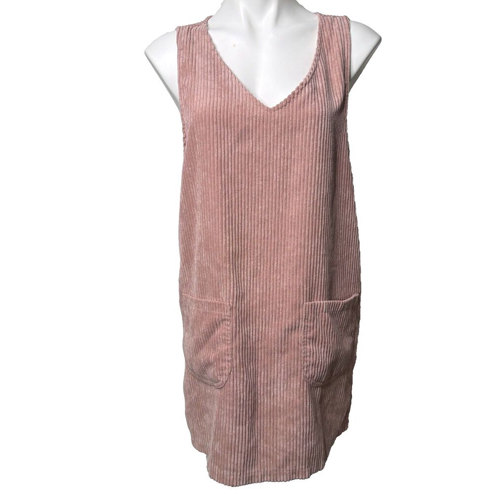 Motel Rocks Pink Corduroy Overall Dress V-Neck Pockets M Coquette Festival Y2K